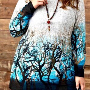 NWT Oversized Gray Abstract Tree Printed Knit Sweater Dress Tunic Top 1XL